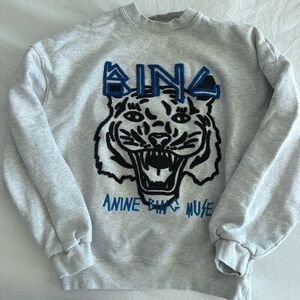 Anine Bing Gray Crew Neck Sweater with Blue and Black Tiger Design